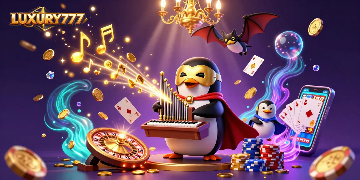 Menggandakan keseruan LUXURY777 dengan gambar kartun kasino yang menampilkan penguin opera dan koin emas mengalir