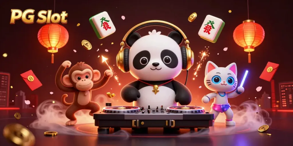 Engage with PG Slot action featuring dynamic 3D characters and festive gambling elements in a vibrant casino scene.