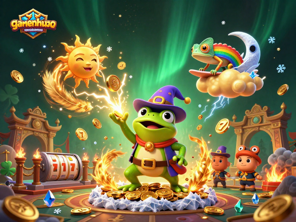 Engage in exciting gameplay with gamenohudoithuong, featuring a whimsical scene of a wizard frog and chameleon amid golden coins.
