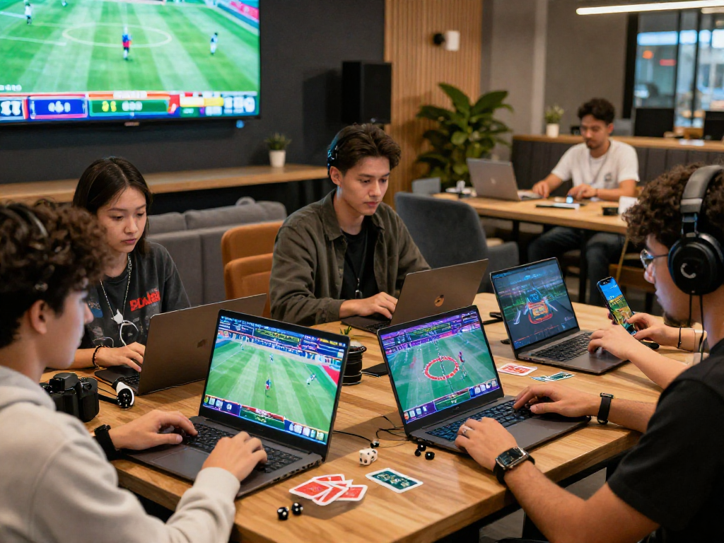 Bola88 digital gaming experience with diverse players engaging in thrilling online betting activities in a modern lounge atmosphere.