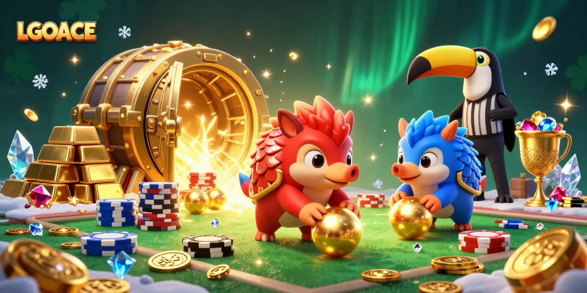LGOACE showcases rival pangolins in an energetic casino scene with poker chips and treasure.