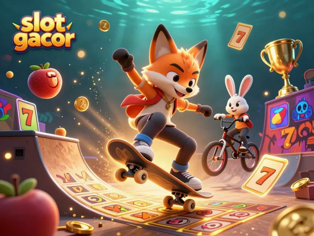 Visualisasi slot gacor dengan karakter kartun beraksi di kasino, menunjukkan suasana bermain yang meriah.