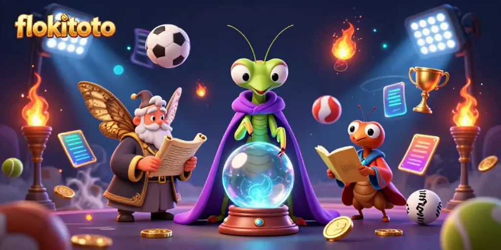 Experience the magic of flokitoto with a vibrant casino scene featuring fortune tellers and sports elements.
