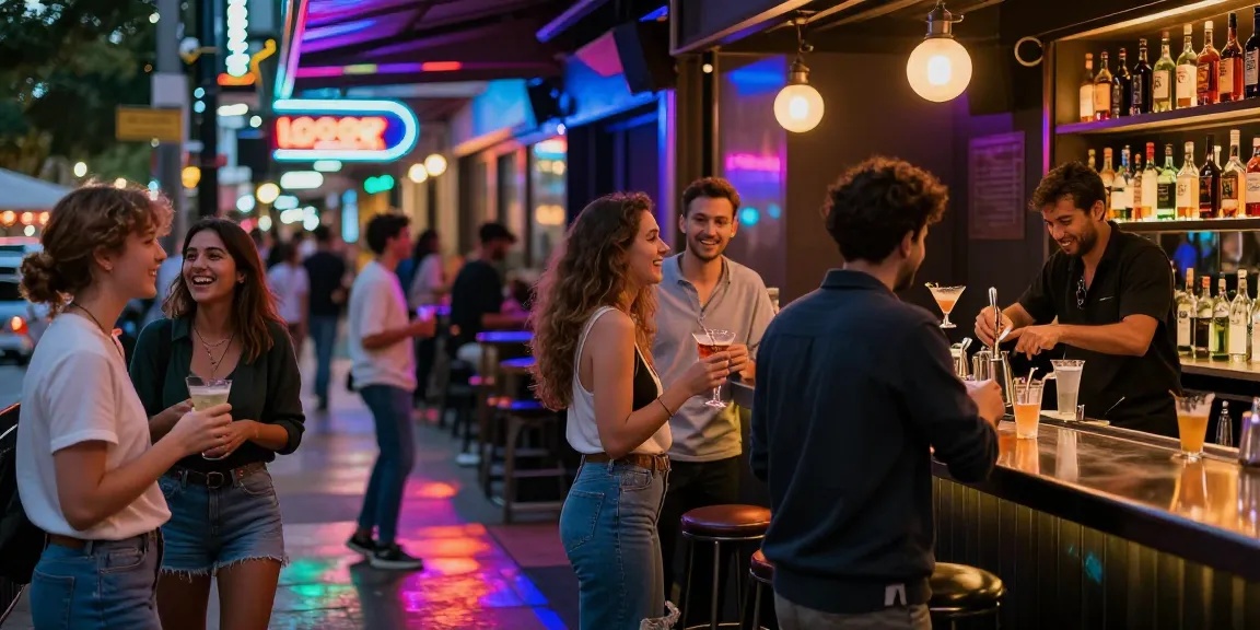 Club21ids nightlife scene showcasing friends socializing outside a club, vibrant urban atmosphere with neon lights.