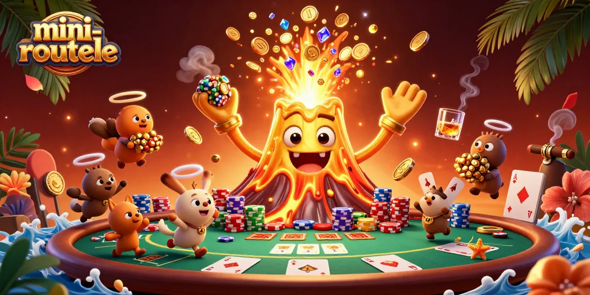 Experience the excitement of mini-roulette with a vibrant eruption of treasures and poker elements.