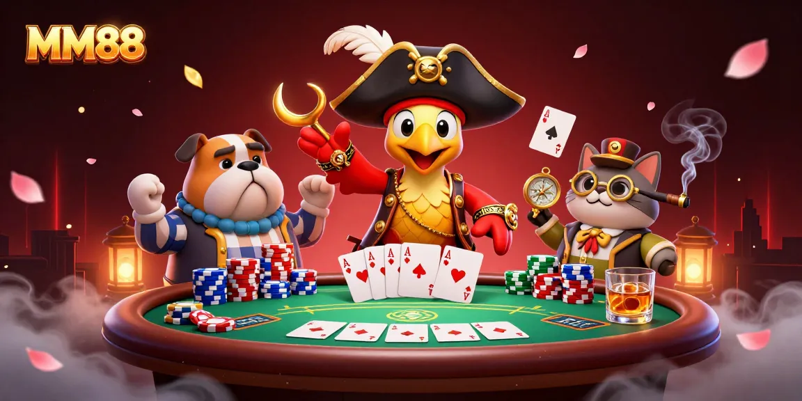 Win big with MM88: A vibrant 3D illustration showcasing a pirate theme, poker chips, and community cards.