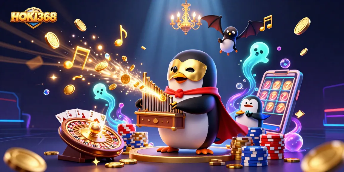 Play slots and enjoy live casino vibes with HOKI368 in a vibrant, gold-filled scene.
