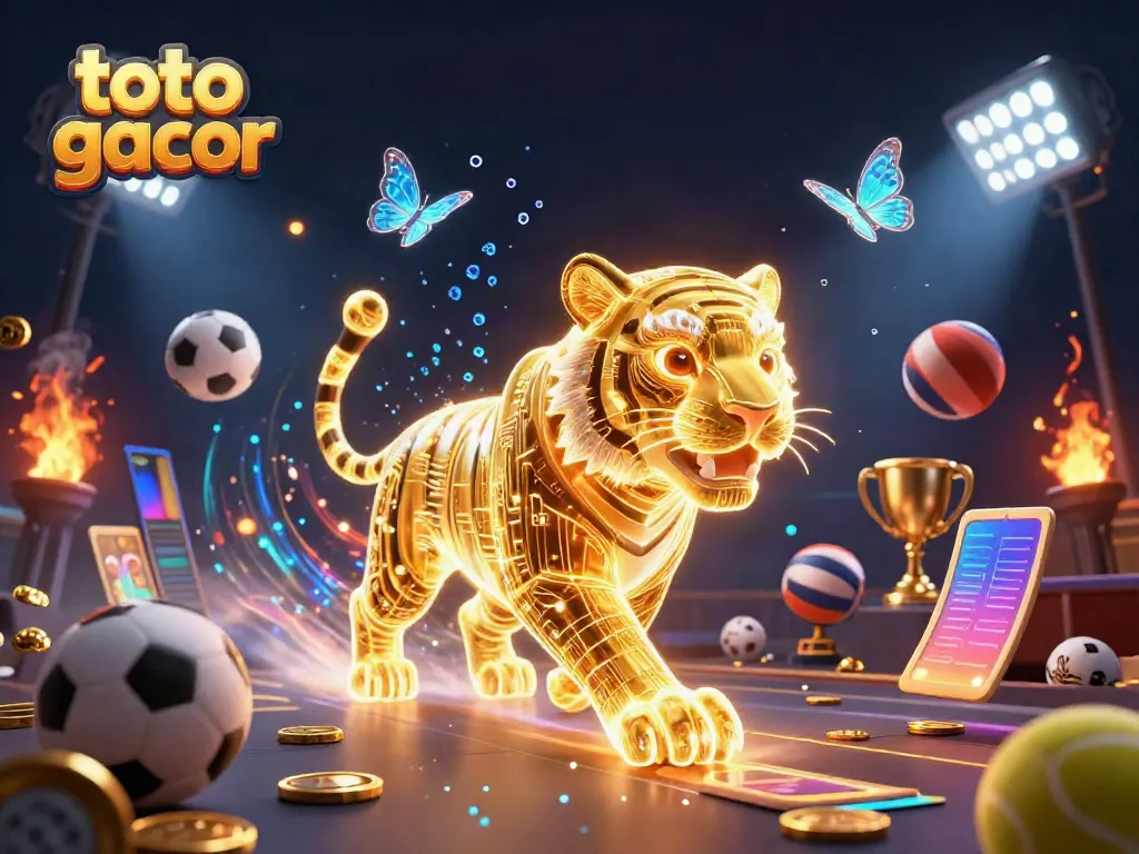 Engage in thrilling action with toto gacor in a vibrant digital casino landscape featuring a luminous tiger and dynamic sports elements.