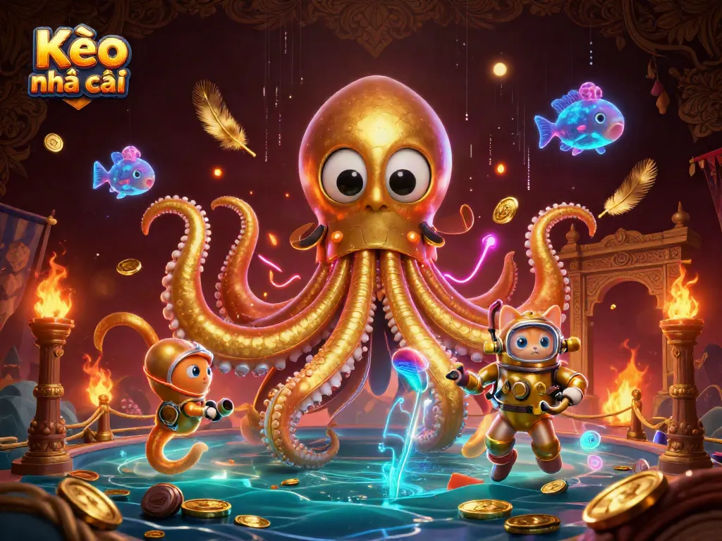 Experience thrilling Kèo nhà cái action with golden kraken, diving cat, and glowing fish in a vibrant underwater world.