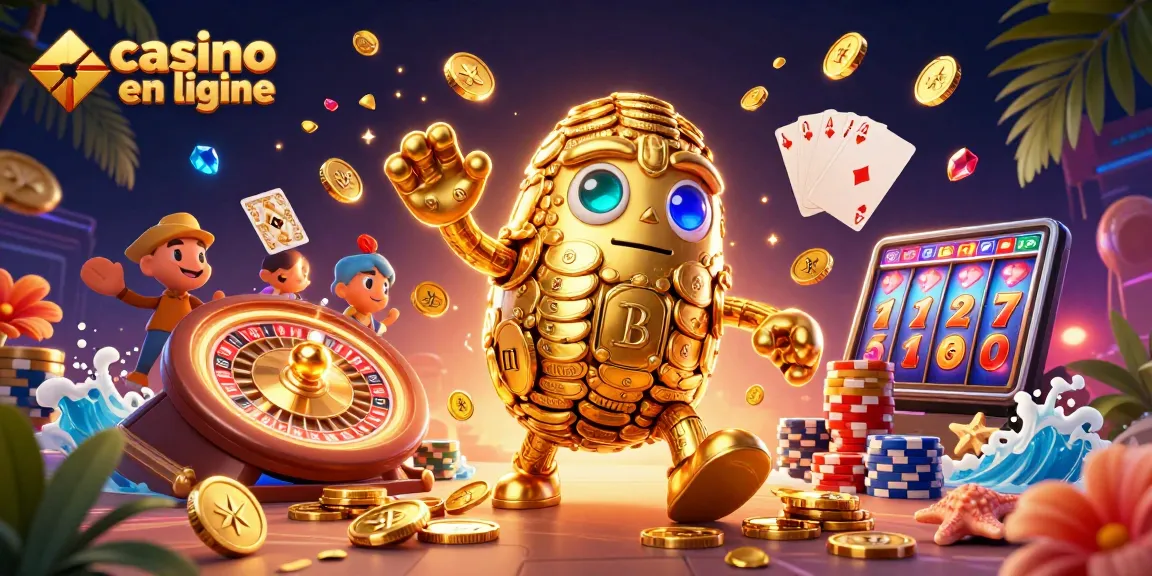 Visualisez le casino en ligne avec un golem d'or entouré de pièces et de jeux