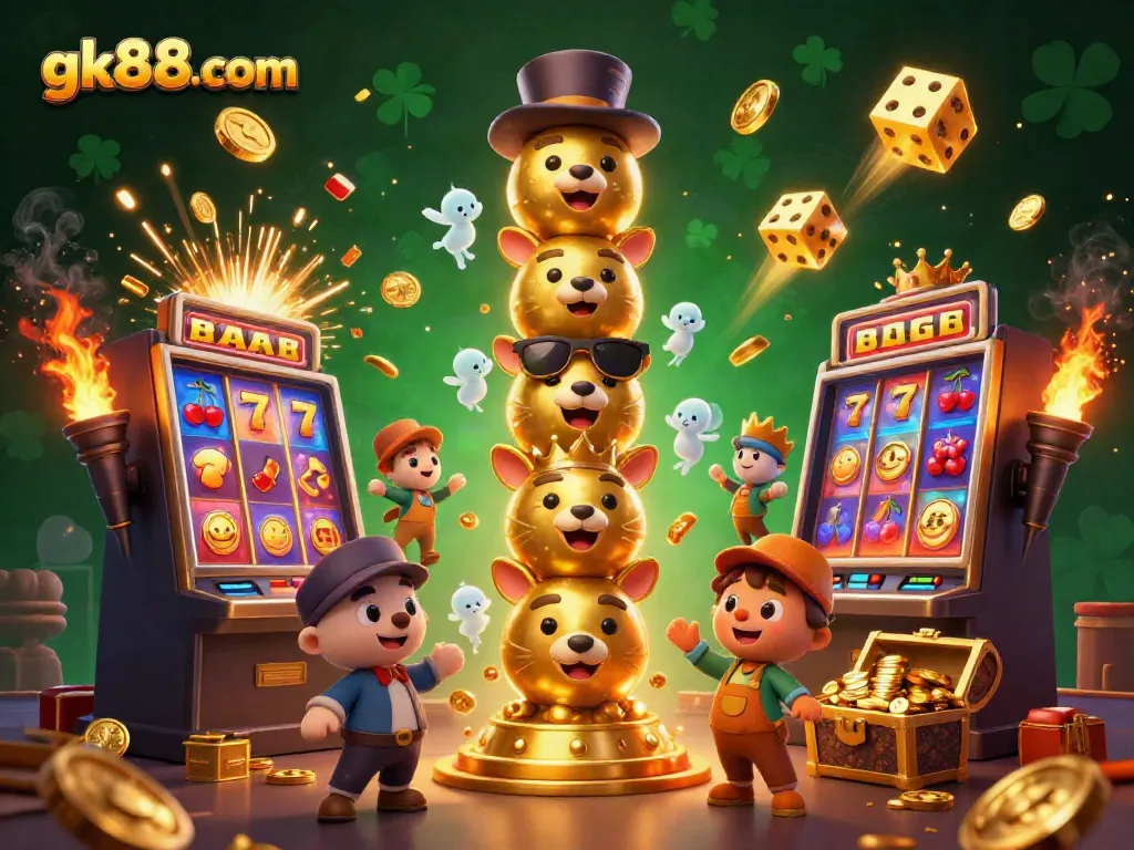 Experience excitement at gk88 com with a vibrant casino scene featuring a golden totem, slot machines, and festive fireworks.