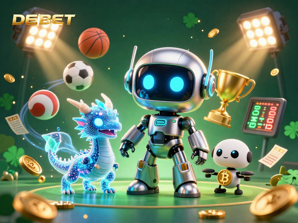 Experience thrilling bets with DEBET in a vibrant 3D casino scene featuring futuristic characters and dynamic sports elements.