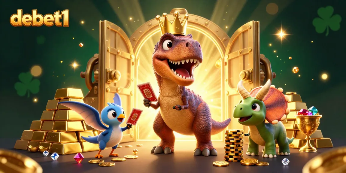 Engage with the vibrant debet1 casino scene featuring characters in action, cards, and gold!