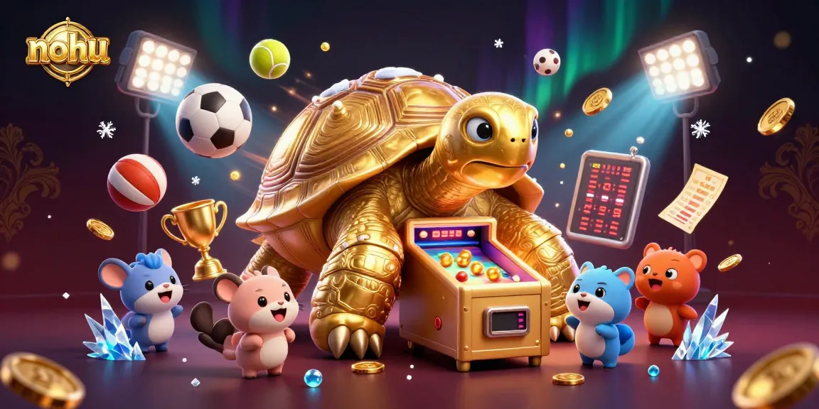 Nohu showcases a vibrant casino scene with a colossal tortoise pinball machine and excited players.