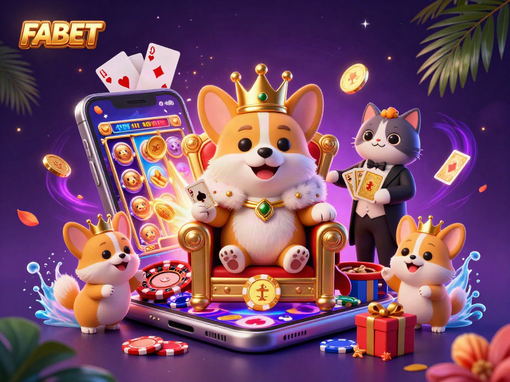 Engage with FABET's vibrant world of online gaming featuring a royal corgi on a throne of poker chips.