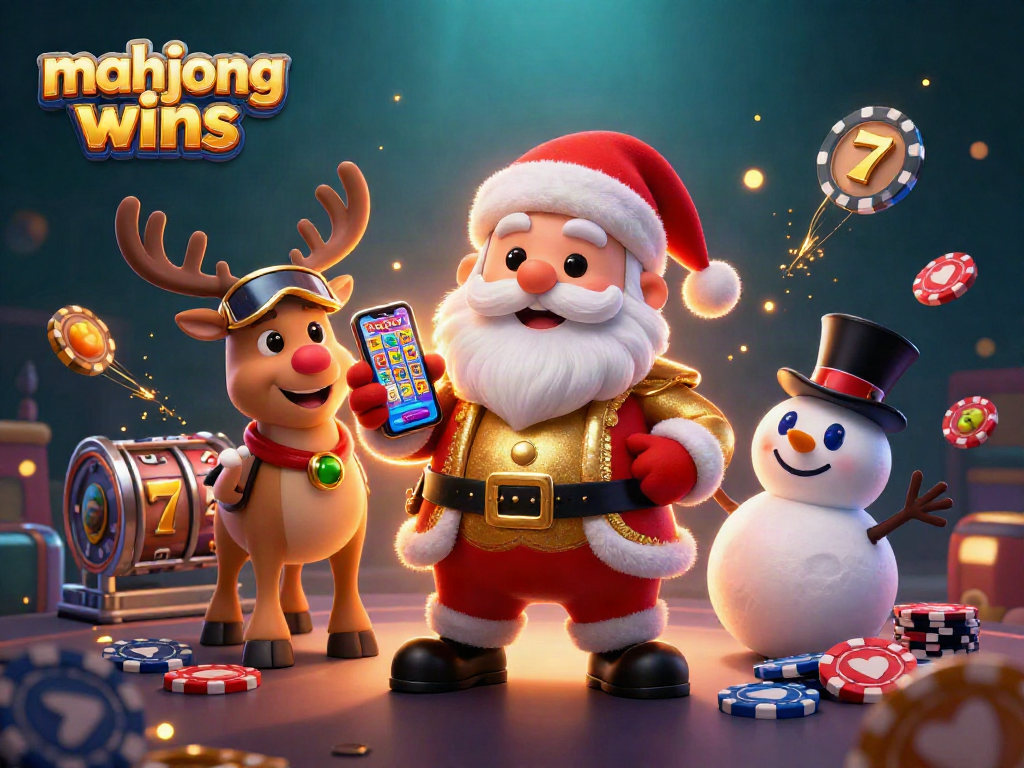 Experience mahjong wins with Santa Claus, reindeer dealer, and poker chip snowman in a vibrant casino scene.