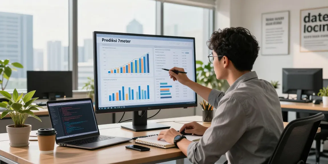 Analysis of 'Prediksi 7meter' in a modern office setting, showcasing charts and productivity.