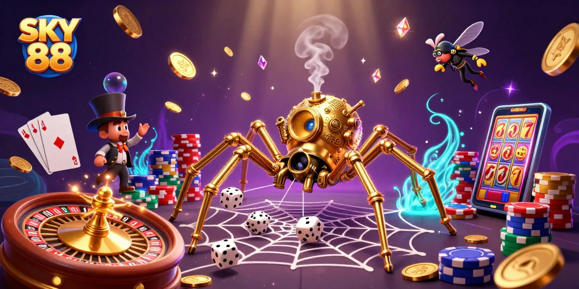 SKY 88 showcases a steampunk spider capturing dice in a dazzling casino scene full of excitement.