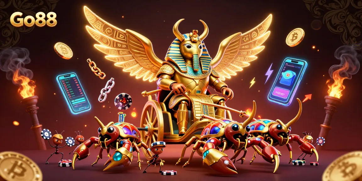 Engage with Go88's thrilling casino world featuring golden scarab and dazzling scorpions.