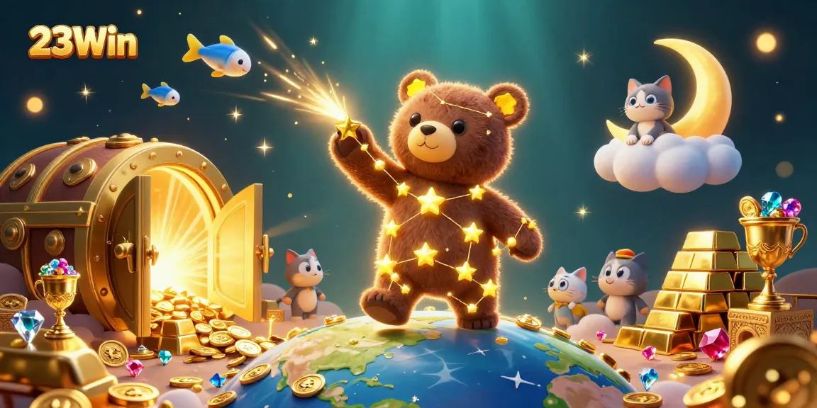 Experience the vibrant world of 23Win as the constellation bear scoops coins from Earth amidst a dynamic casino paradise.