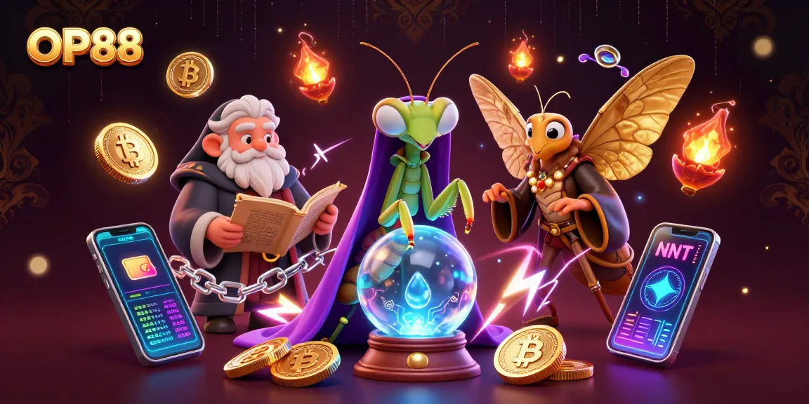 Engage with OP88, a thrilling online casino experience, featuring a vibrant 3D illustration with mystical elements.