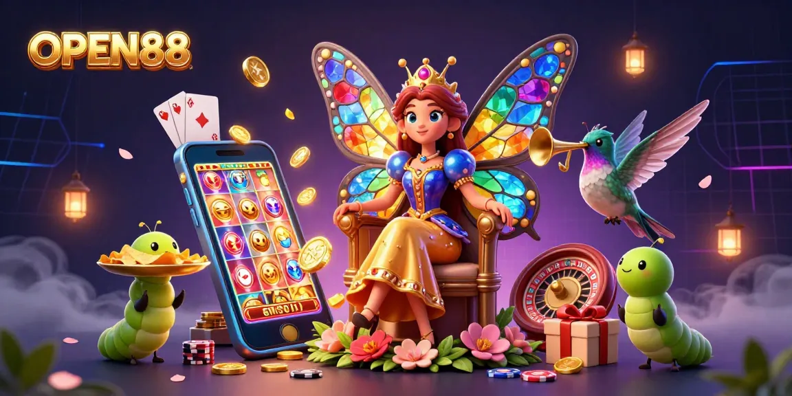 Engage with the vibrant world of OPEN88, featuring a butterfly queen surrounded by casino games and golden chips.