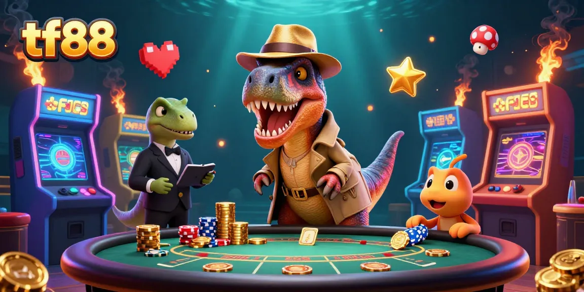 tf88 delivers excitement as a velociraptor card counter outwits a stegosaurus pit boss in a vibrant casino scene