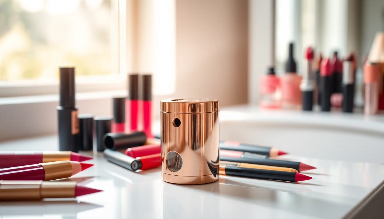 Sharpening a colorful cosmetic pencil sharpener against a vibrant makeup backdrop