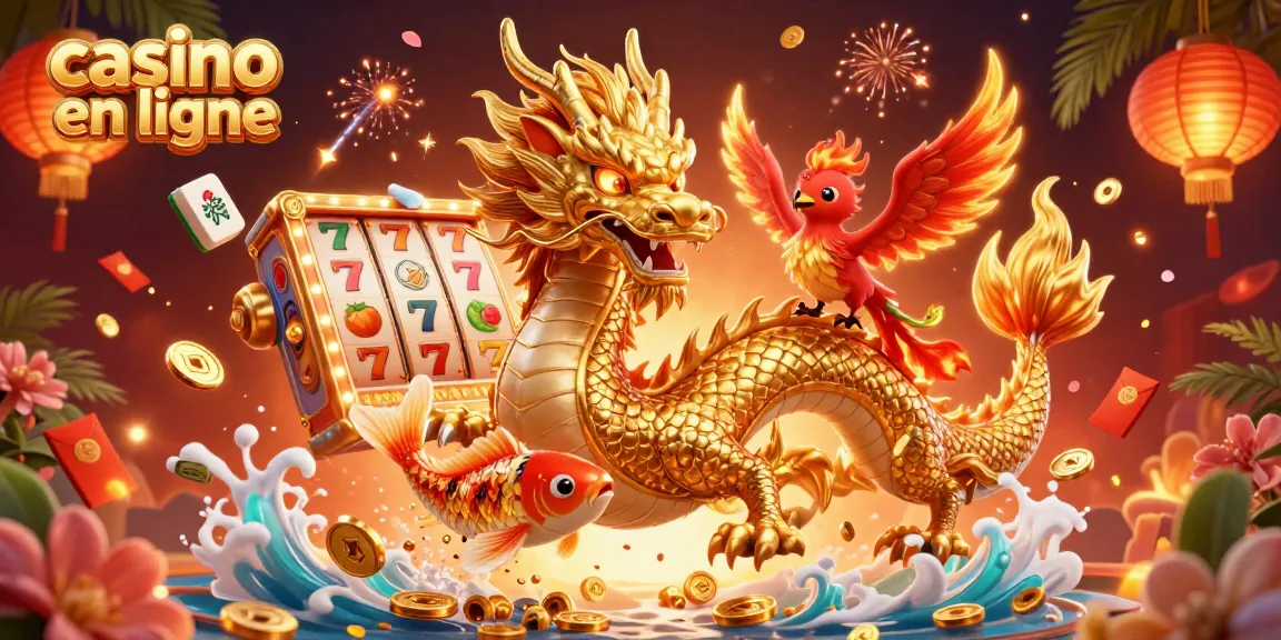 Visionnez un dragon doré féroce et un phénix dans un casino en ligne avec des pièces et des symboles chanceux.
