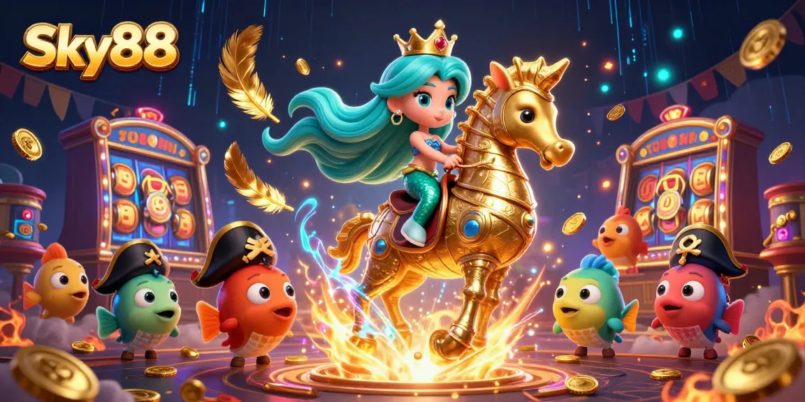Sky88 mermaid princess riding a seahorse amid vibrant slot machines and casino elements.