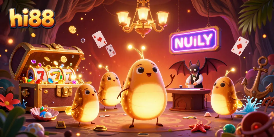 Experience the excitement of hi88 with glowing cartoon characters illuminating a vibrant casino scene.