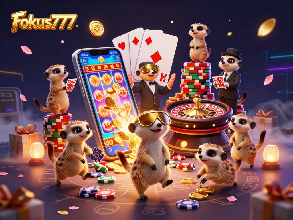 Experience the excitement of Fokus777 with meerkats managing a lively casino adventure.