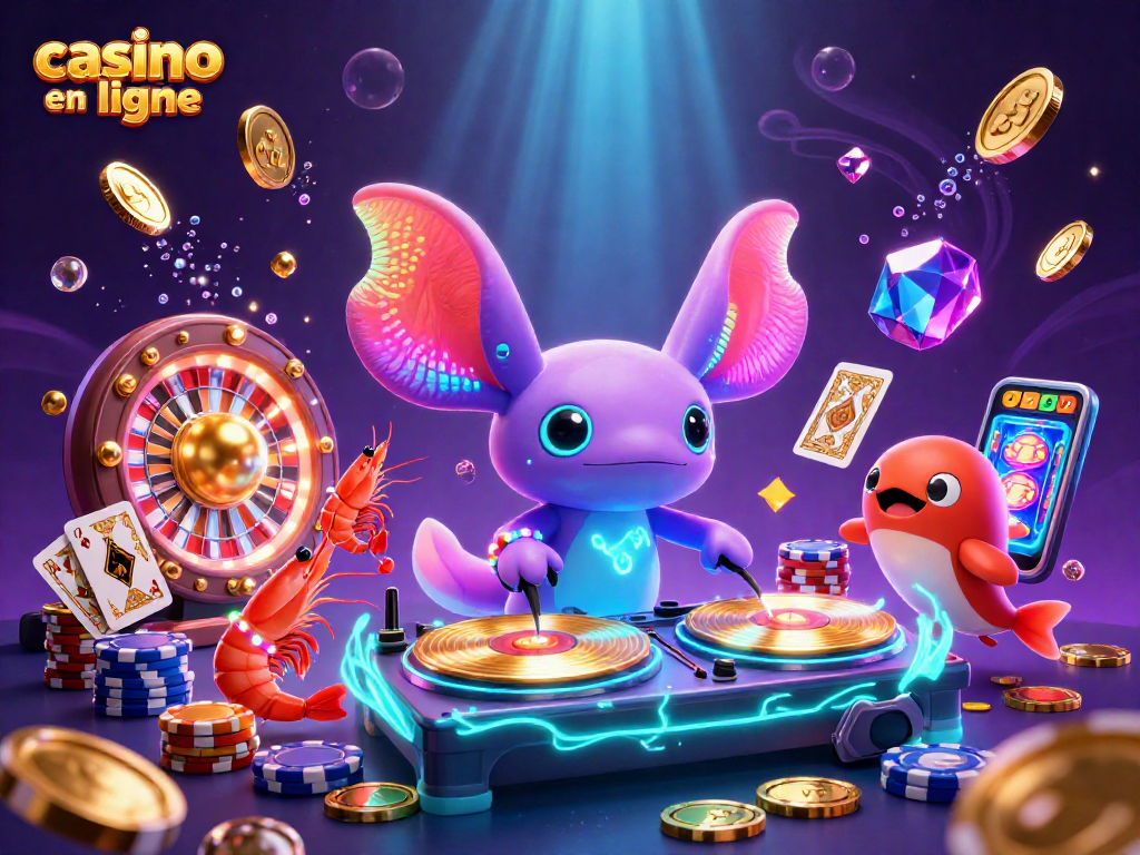Le casino en ligne en action avec un DJ axolotl et des crevettes dans une ambiance colorée.