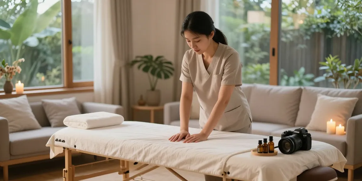 Experience relaxation with 부천출장안마 as a therapist prepares a serene massage setting at home surrounded by soothing decor.