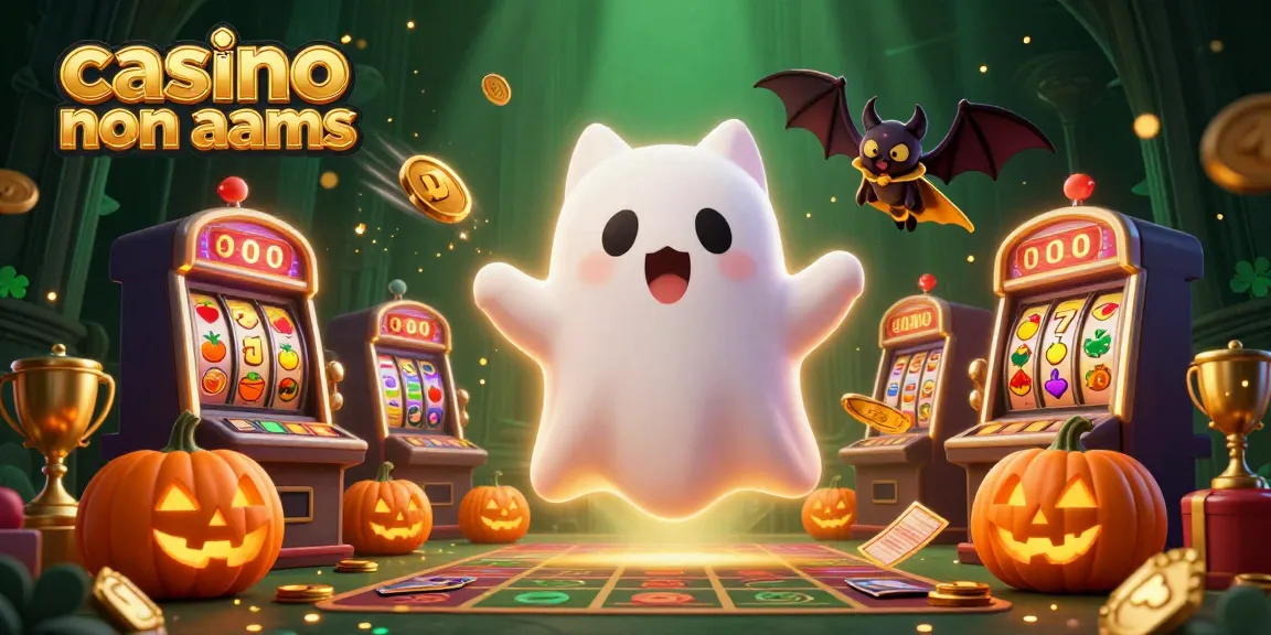 Immagine di un gatto fantasma amichevole in un casinò non AAMS con simboli di slot e piani luminosi.