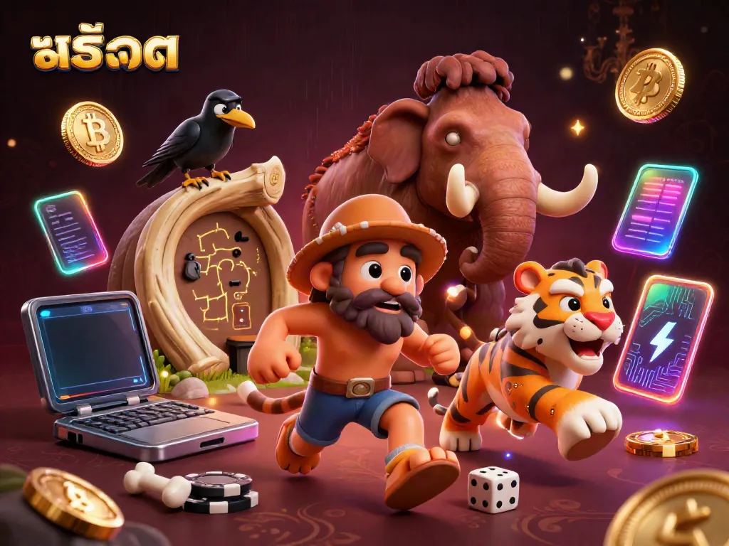 Spin the reels of สล็อต in this vibrant prehistoric casino with neon crypto-themed elements.