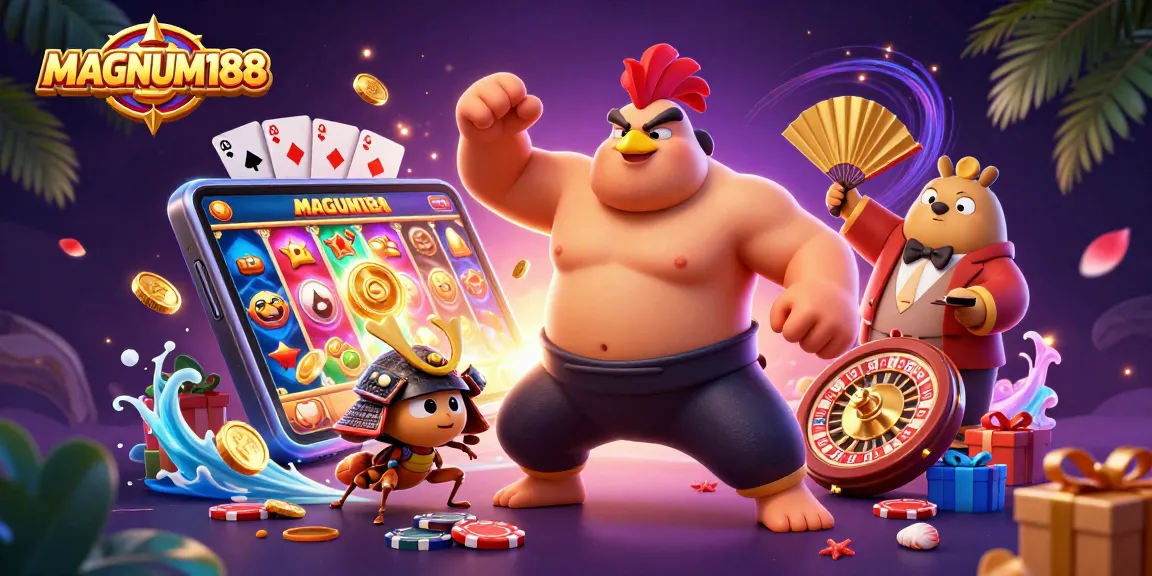 Experience thrilling wins with MAGNUM188 featuring dynamic casino adventures in a vibrant 3D illustration.