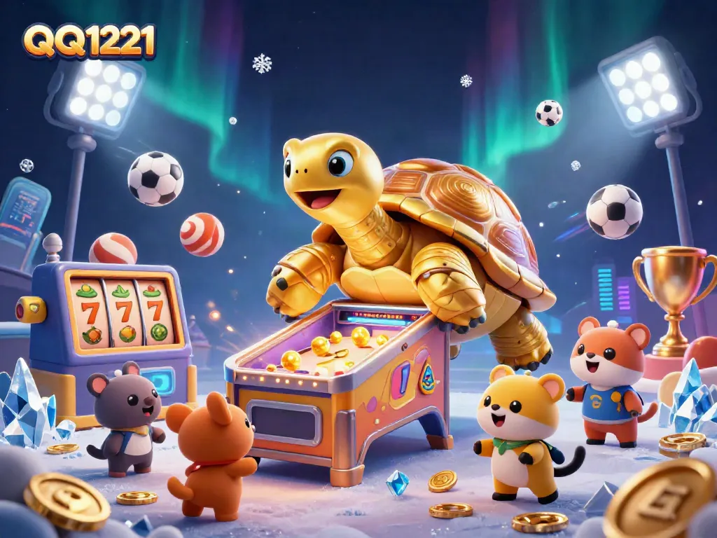 Engage in thrilling gaming with QQ1221: a lively scene of excitement featuring a colossal golden tortoise pinball machine.