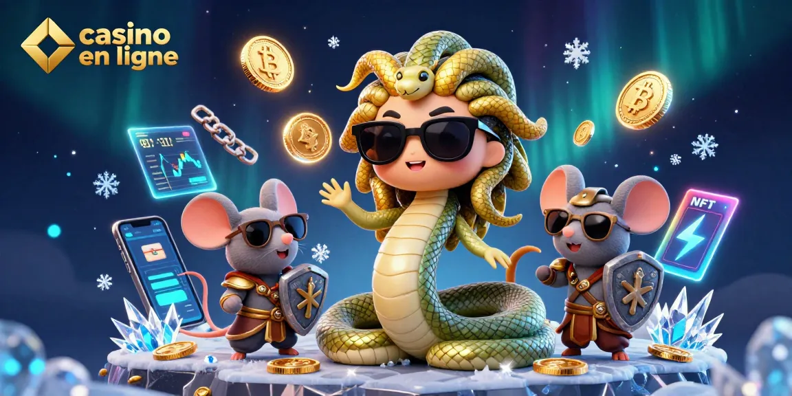 Gagnez avec casino en ligne en découvrant une illustration 3D animée de Medusa et un guerrier souris entourés de pièces de crypto-monnaie.