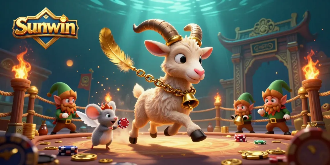 Sunwin casino illustration with Krampus goat, angel mouse, and elf gremlins in a vibrant gaming environment.