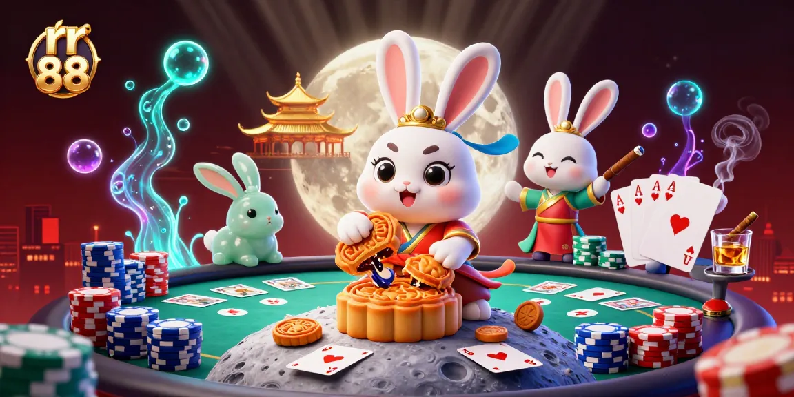 Engage with rr 88’s vibrant casino scene featuring a moon rabbit and poker action.