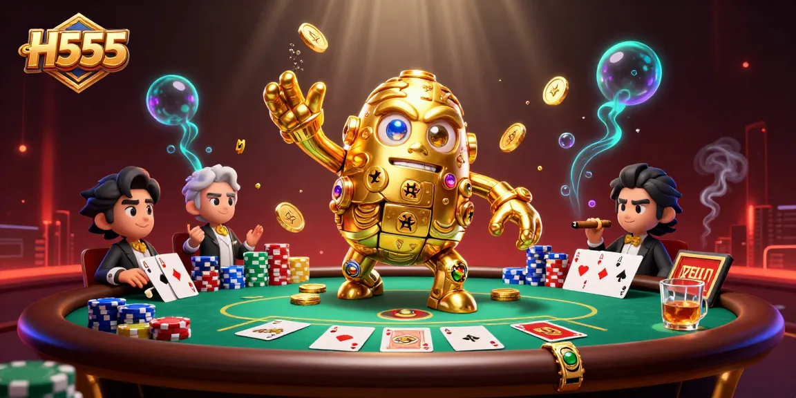 Experience thrilling gameplay with H555's golden golem amidst a vibrant casino scene.