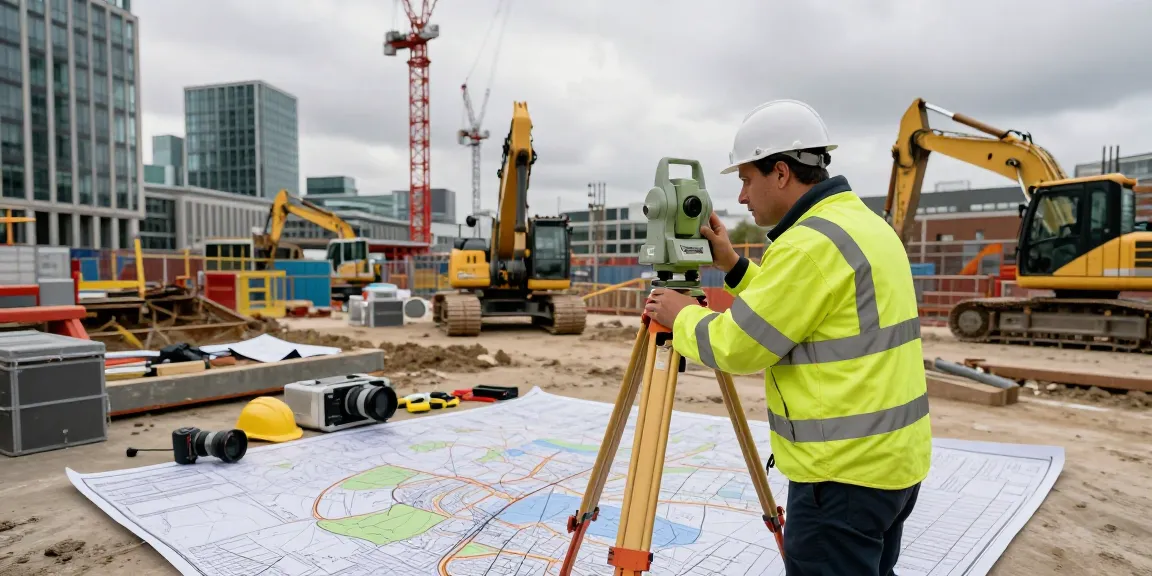 Surveyor conducting topographical surveys london on a construction site, showcasing advanced equipment and urban backdrop.