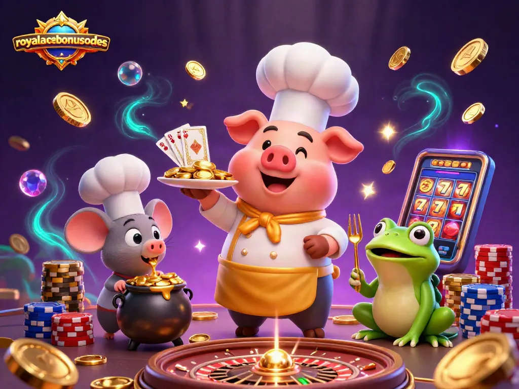 Celebrate winning moments at royalacebonuscodes with vibrant characters serving gold coins and gaming excitement.
