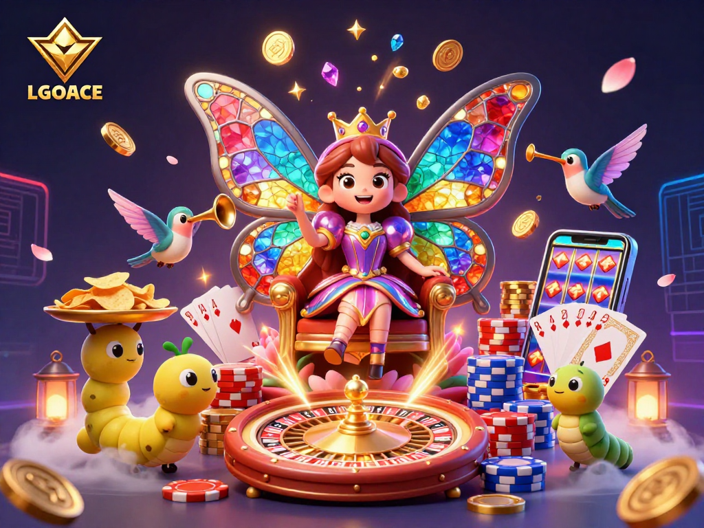 LGOACE brings excitement with a 3D illustration of a vibrant casino scene featuring a butterfly queen amidst golden coins and poker chips.