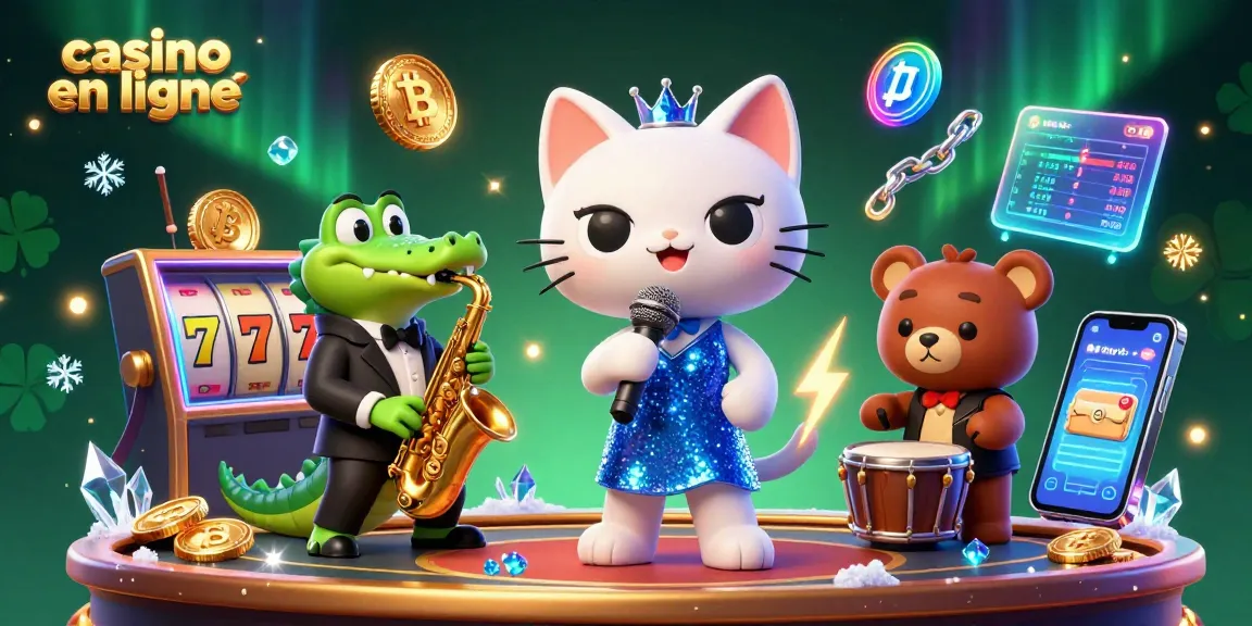 Vibrez au casino en ligne avec une scène animée d'un chat chanteur, un crocodile saxophoniste et un ourson percussionniste.