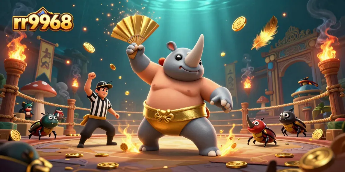 Witness the rr9968 champion beetle stomp, showering gold coins in a thrilling casino atmosphere.