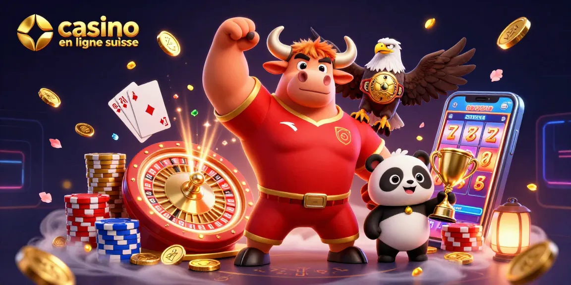 Fêtez la victoire au casino en ligne suisse avec un taureau musclé et un panda heureux!