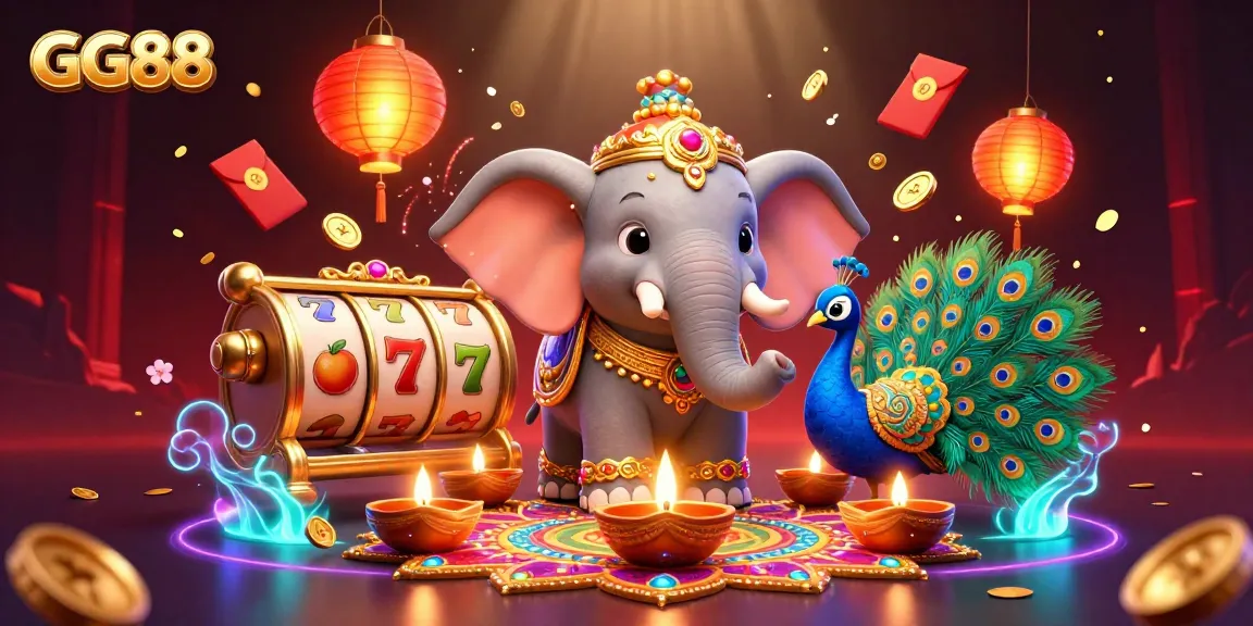Experience exciting casino gameplay with GG88, featuring vibrant slots and rich rewards in a dynamic 3D scene.