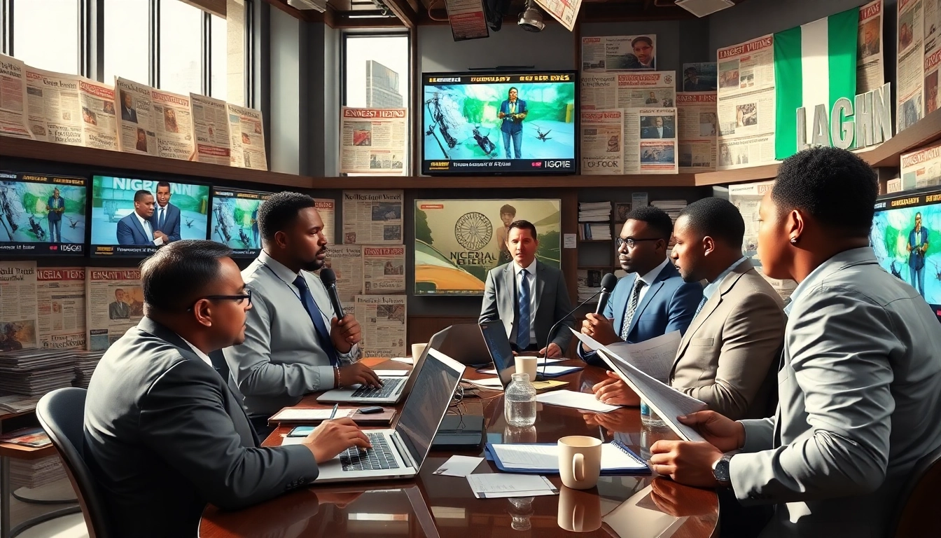 Reporters engaging with Nigerian Newspapers in a bustling newsroom environment.